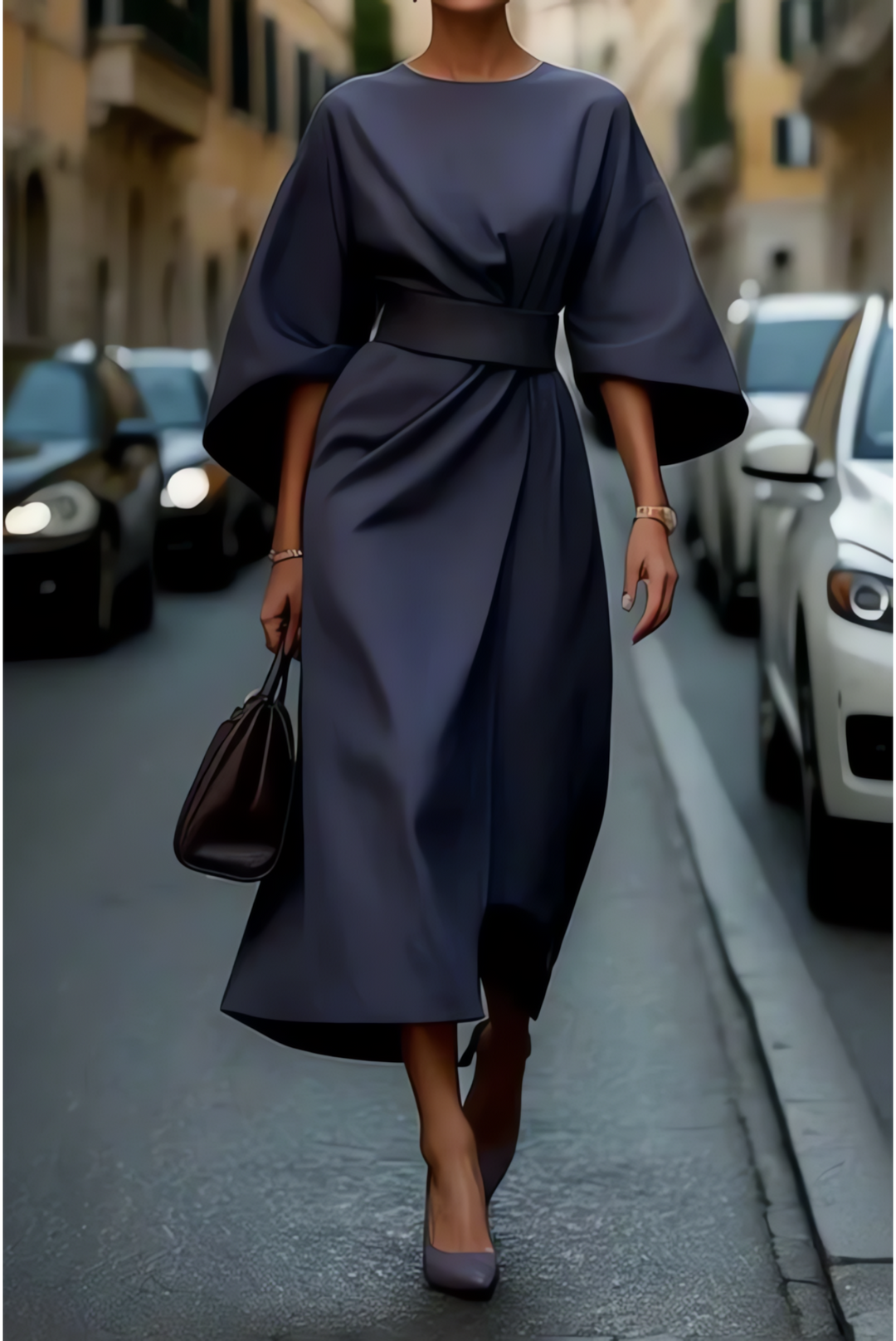 Venara™ | Elegant Dress with Lantern Sleeves and Belt at the Waist