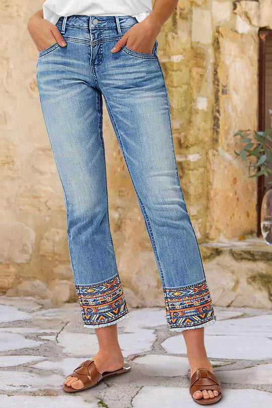 Rella™ | Tribal Embroidery Raw Hem Mid Rise Straight Leg Crop Jeans