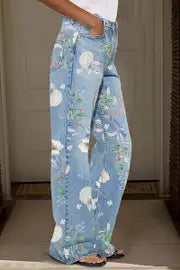 Velina™ | Floral Pattern Wash High Waist Straight Leg Jeans