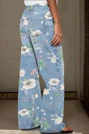 Velina™ | Floral Pattern Wash High Waist Straight Leg Jeans