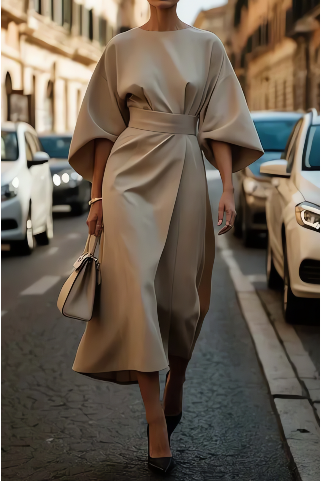 Venara™ | Elegant Dress with Lantern Sleeves and Belt at the Waist