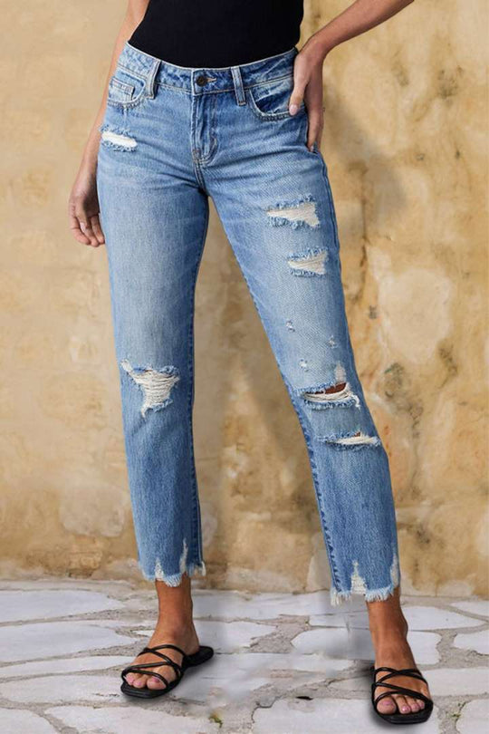 Celava™ | Wash Ripped Raw Hem Mid Rise Crop Jeans