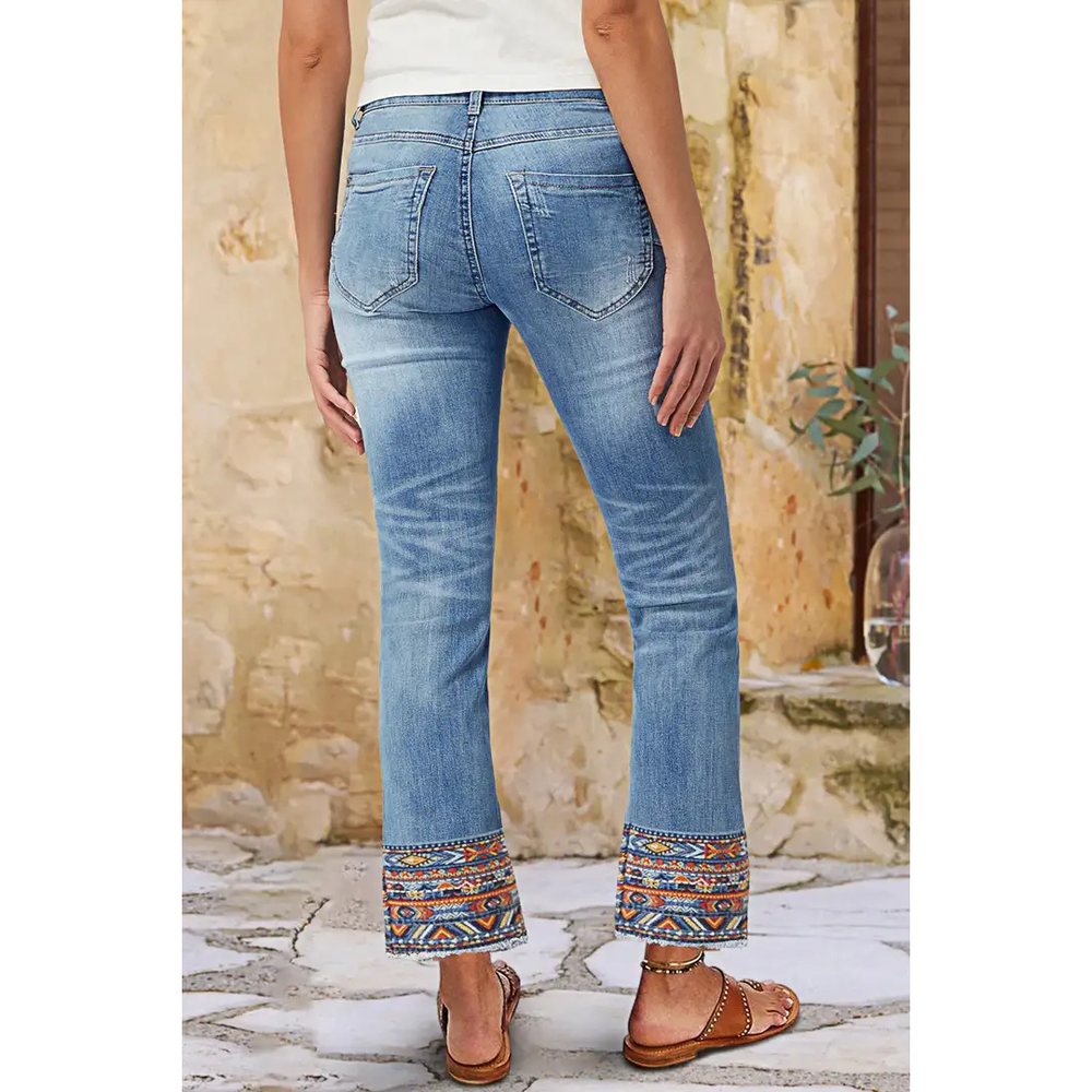 Rella™ | Tribal Embroidery Raw Hem Mid Rise Straight Leg Crop Jeans
