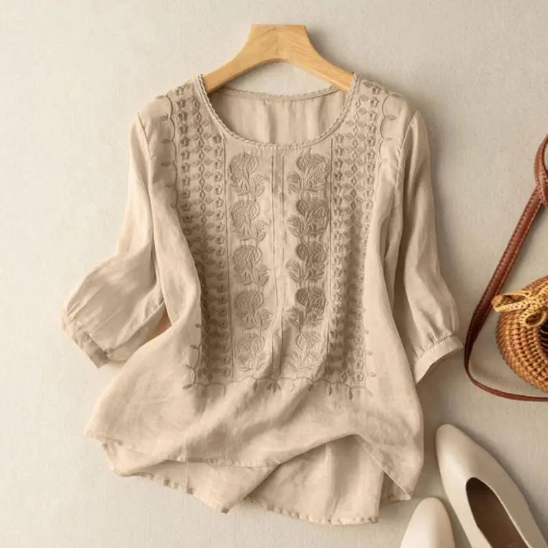Marcella™ | Embroidered Relaxed Blouse (Cotton & Linen)