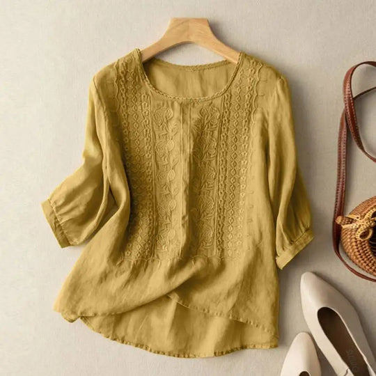 Marcella™ | Embroidered Relaxed Blouse (Cotton & Linen)