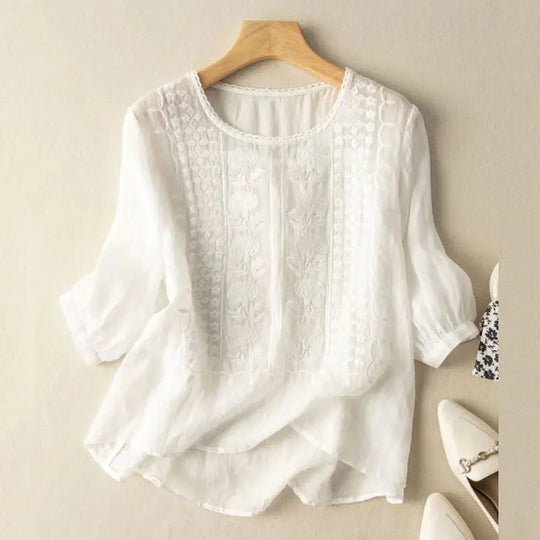 Marcella™ | Embroidered Relaxed Blouse (Cotton & Linen)