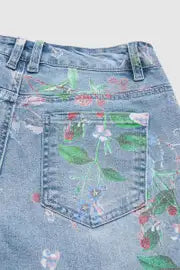 Velina™ | Floral Pattern Wash High Waist Straight Leg Jeans
